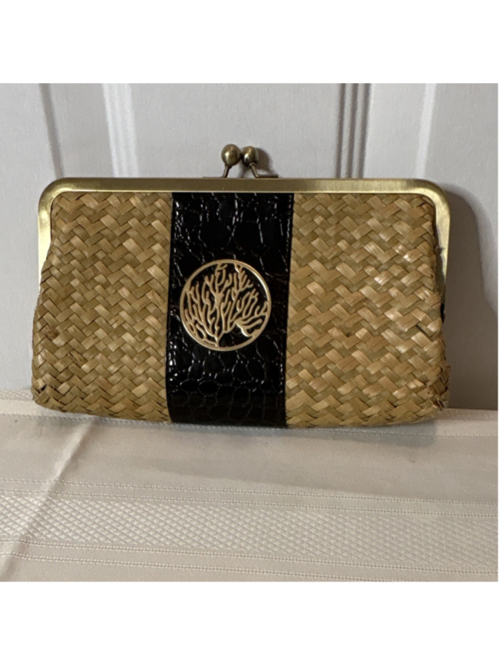 Mud Pie Bag Lady Woven Clutch Handbag, Black Accent, Kiss Lock, Gold Hardware